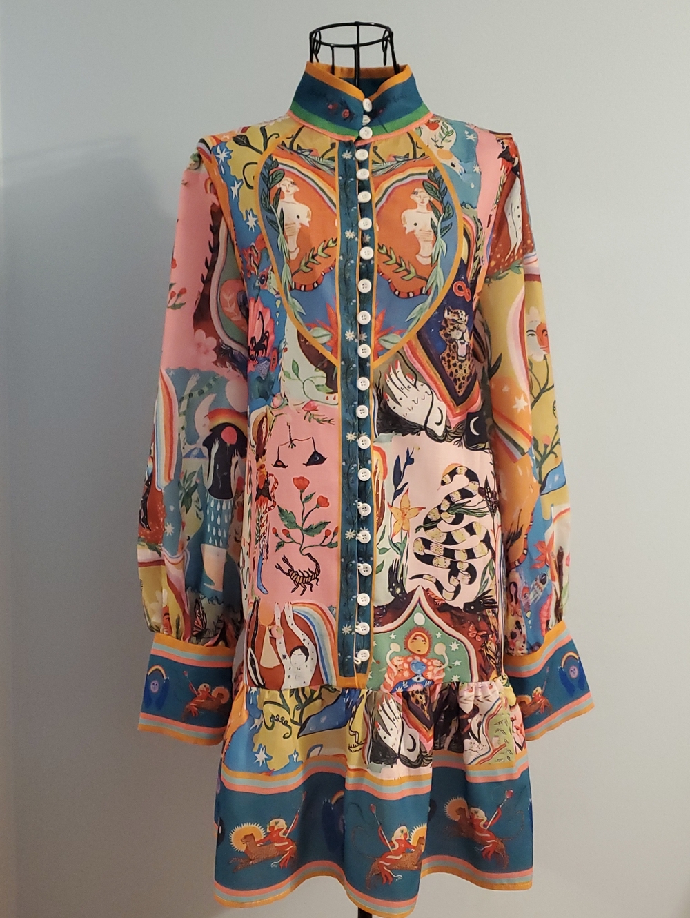 Vibrant Printed Long-Sleeve Ruffle Hem Dress - Pink Multi / NEVER USED NWOT